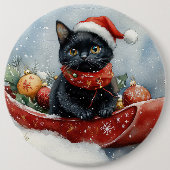 Black Cat in Sledge Let it Snow Christmas Button (Vorderseite)