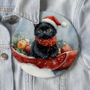 Black Cat in Sledge Let it Snow Christmas Button
