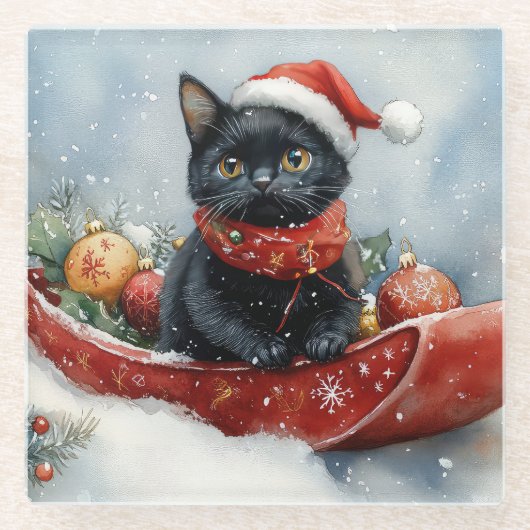 Black Cat in Sledge Let it Snow Christmas Glasuntersetzer (Vorderseite)
