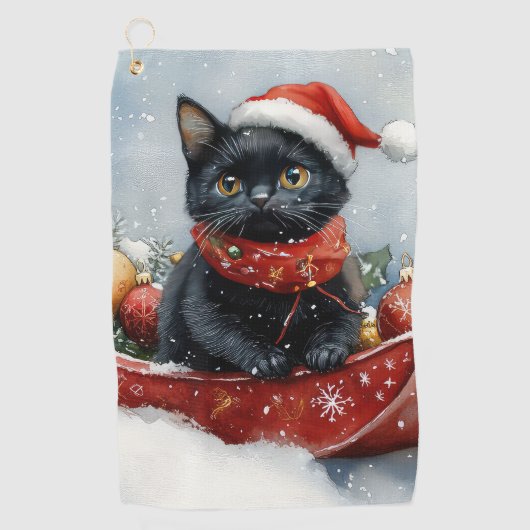 Black Cat in Sledge Let it Snow Christmas Golfhandtuch (Vorderseite)