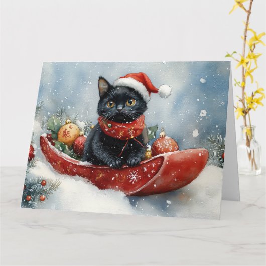 Black Cat in Sledge Let it Snow Christmas Karte (Gelbe Blume)