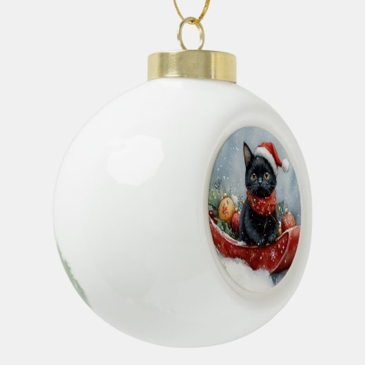 Black Cat in Sledge Let it Snow Christmas Keramik Kugel-Ornament (Links)