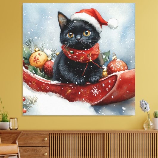 Black Cat in Sledge Let it Snow Christmas Leinwanddruck (Insitu (Wohnzimmer))