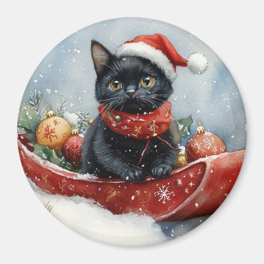 Black Cat in Sledge Let it Snow Christmas Magnet (Vorne)
