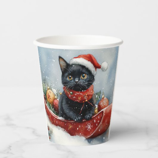 Black Cat in Sledge Let it Snow Christmas Pappbecher (Vorderseite)