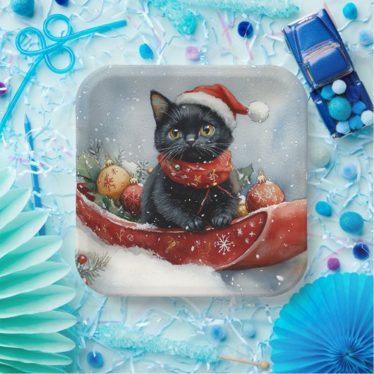 Black Cat in Sledge Let it Snow Christmas Pappteller (Party)