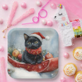 Black Cat in Sledge Let it Snow Christmas Pappteller (Party)