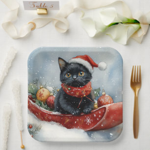 Black Cat in Sledge Let it Snow Christmas Pappteller