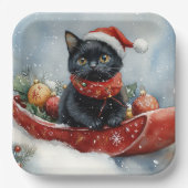 Black Cat in Sledge Let it Snow Christmas Pappteller (Vorderseite)