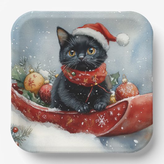 Black Cat in Sledge Let it Snow Christmas Pappteller (Vorderseite)