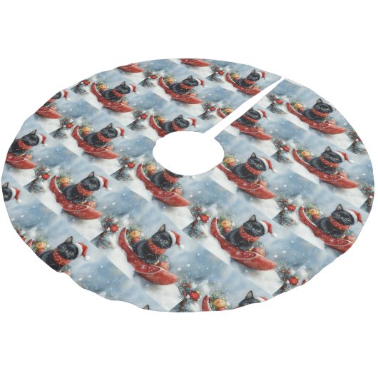 Black Cat in Sledge Let it Snow Christmas Polyester Weihnachtsbaumdecke (Schrägansicht)