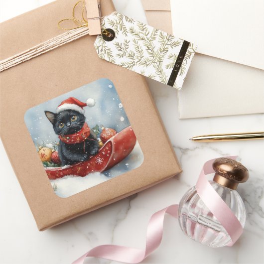 Black Cat in Sledge Let it Snow Christmas Quadratischer Aufkleber (Schenken)