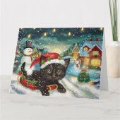 Black Cat in Sleigh Snow Weihnachten Karte (Vorderseite)