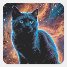 Black cat in space quadratischer aufkleber