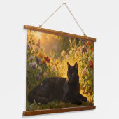 Black Cat in the Flowers I Wandteppich Mit Holzrahmen (Gewinkelt)