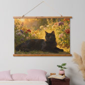 Black Cat in the Flowers I Wandteppich Mit Holzrahmen (Schlafzimmer)