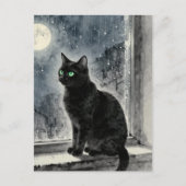 Black Cat in the Window on a Rainy Night Postkarte (Vorderseite)