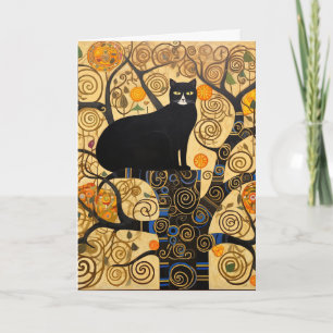 Black Cat in Tree of Golden Wirbel Card Karte