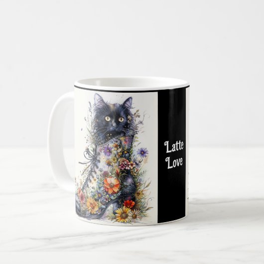 Black Cat in Whimsical Boot Latte Liebe Custom Kaffeetasse (Vorderseite Links)