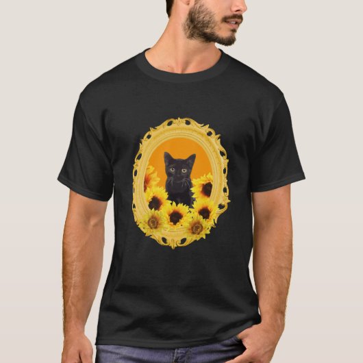Black Cat in yellow Sunflower Frame T-Shirt (Vorderseite)