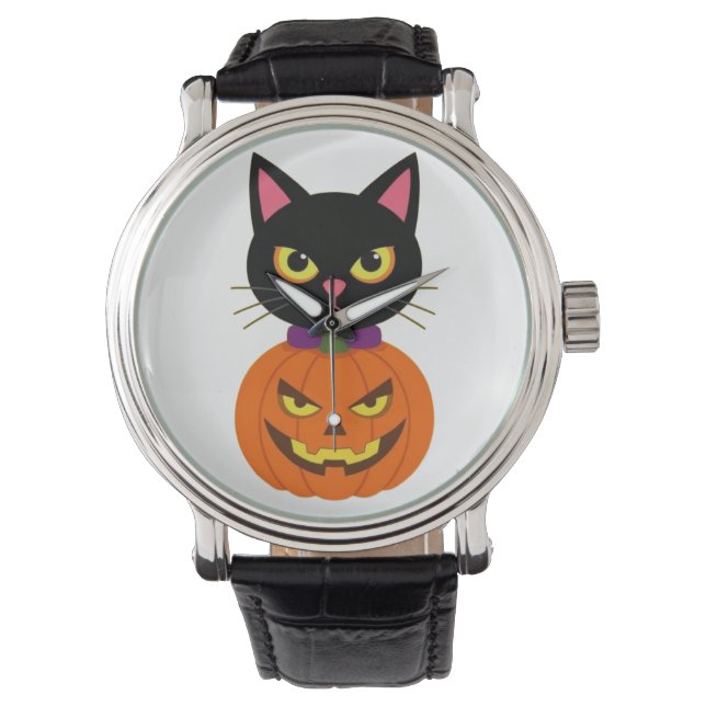Black Cat & Jack-O'-Lantern Halloween Spooky Armbanduhr (Vorderseite)
