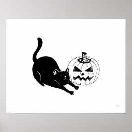 Black Cat & Jackolantern Halloween Art Print Poster