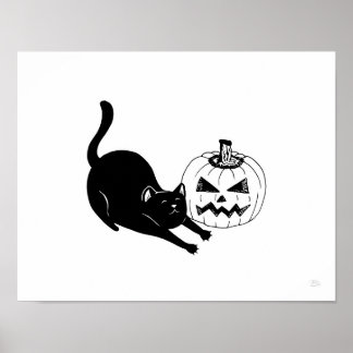 Black Cat & Jackolantern Halloween Art Print Poster