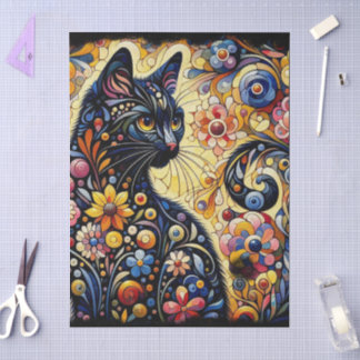 Black Cat Kitty Floral Whimsical Decoupage Seidenpapier