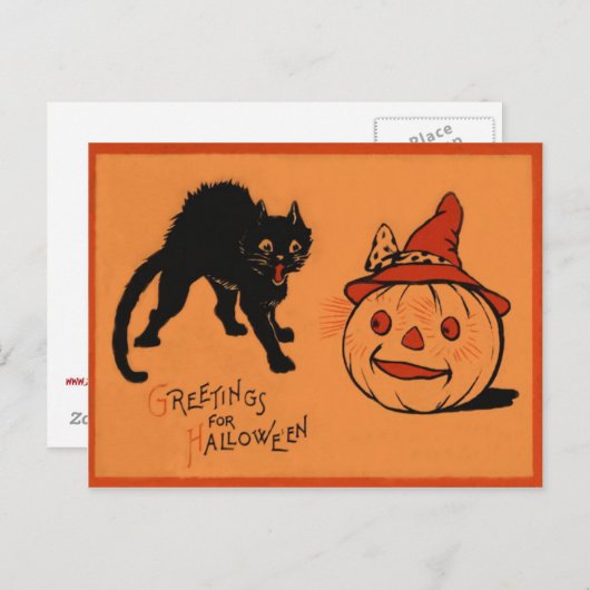 Black Cat Kürbislaterne Pumpkin Hexe's Hat Postkarte (Vorne/Hinten)