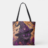 Black Cat Lila Eyes Hexenhut Halloween Tasche (Rückseite)