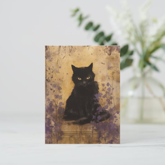 Black Cat Lila Paint Vintag Postkarte (Stehend Vorderseite)