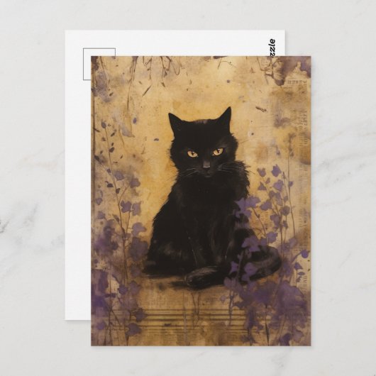 Black Cat Lila Paint Vintag Postkarte (Vorne/Hinten)