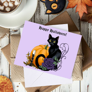 Black Cat Lila Rose Pumpkin Halloween Karte