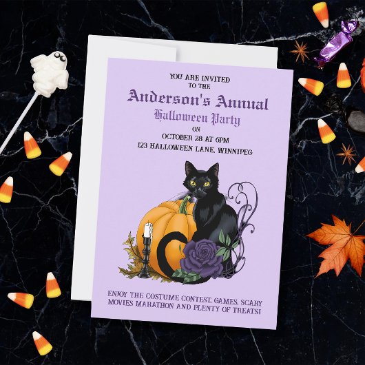 Black Cat Lila Rose Pumpkin Halloween-Party Einladung