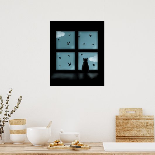 Black Cat Looking Out Window At Heaven Poster (Küche)