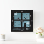 Black Cat Looking Out Window At Heaven Quadratische Wanduhr (Zuhause)