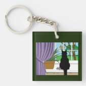 Black Cat Looking Out Window QR Code Schlüsselanhänger (Vorderseite)