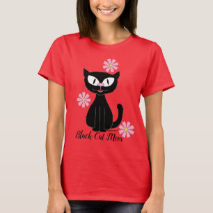 Black Cat Mama mit Hübsch rosa Blume Cat Lover T-Shirt