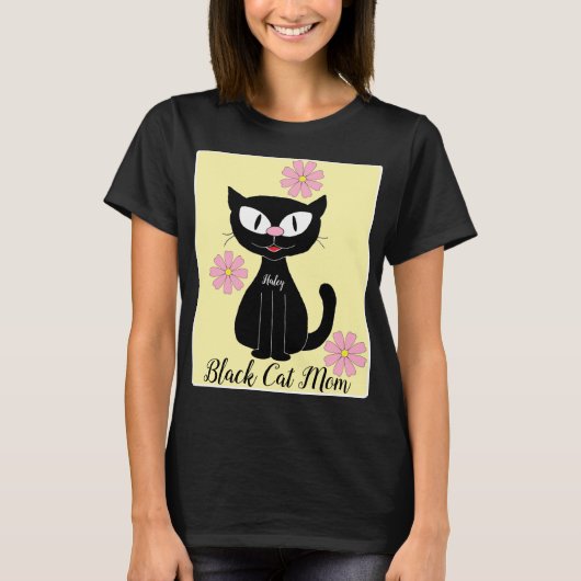 Black Cat Mama mit Hübsch rosa Blume Cat Lover T-Shirt (Vorderseite)