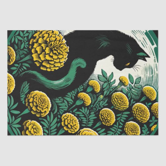 Black Cat Marigold Kunst Kunstvoll wandern Seidenpapier (Vorderseite)