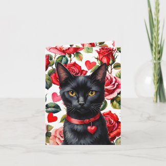 Black Cat Maximalist Roses & Hearts Pun Valentine Karte