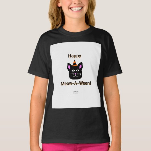 Black Cat Meow-A-Ween Girls Black Basic T Shirt (Vorderseite)