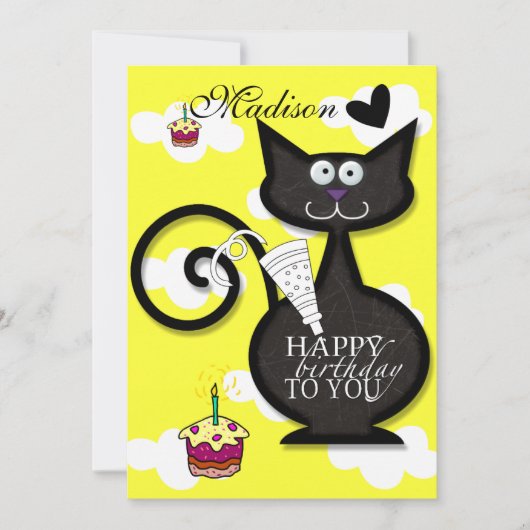 Black Cat Meow Happy Birthday Einladung (Vorderseite)