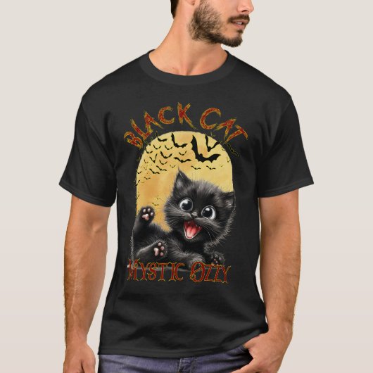 Black Cat Midnight Magie mit Fledermäusen T-Shirt (Vorderseite)