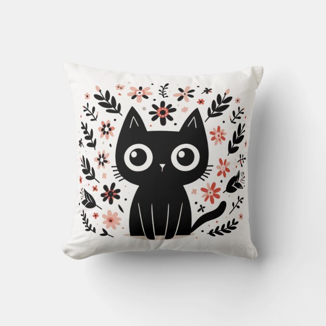 Black Cat mit Big Eyes und Blume Kissen (Vorderseite)