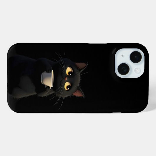 Black Cat mit Coffee Tasse Funny iPhone Case (Rückseite (Horizontal))
