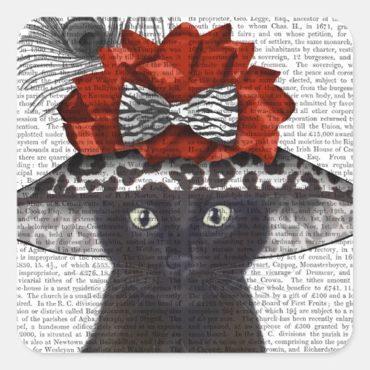 Black Cat mit Fabulous Hat Quadratischer Aufkleber (Vorderseite)