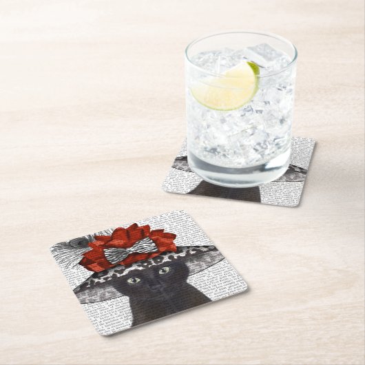 Black Cat mit Fabulous Hat Rechteckiger Pappuntersetzer (Vor Ort)