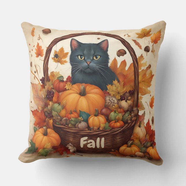 Black Cat mit Fall Harvest Basket Brown Kissen (Vorderseite)