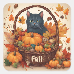 Black Cat mit Fall Harvest Basket Brown Quadratischer Aufkleber